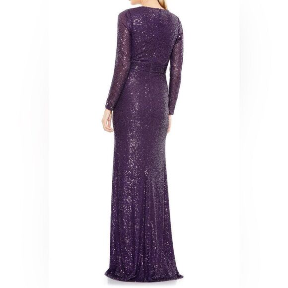 💜 Mac Duggal 💜 IEENA Sequin Long Sleeve Faux Wrap Gown Coctail dress purple 14 - Picture 2 of 14